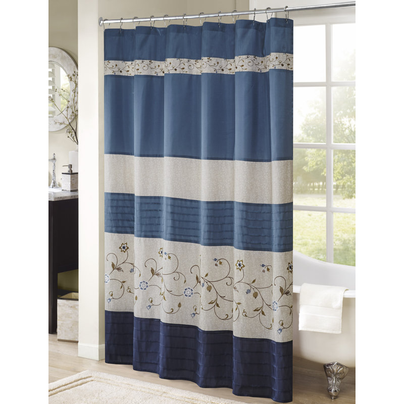 Navy Faux Silk Embroidered Floral Shower Curtain