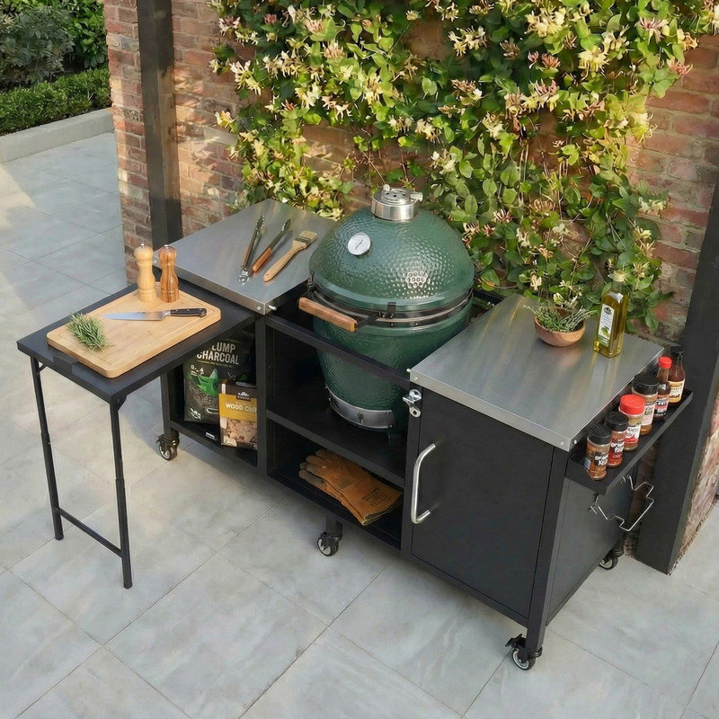 Grande table de barbecue 72,4 "pour Big Green Egg & Kamado Joe - Îlot de cuisine extérieur en métal avec table de préparation pliable, tablettes réglables et support à épices