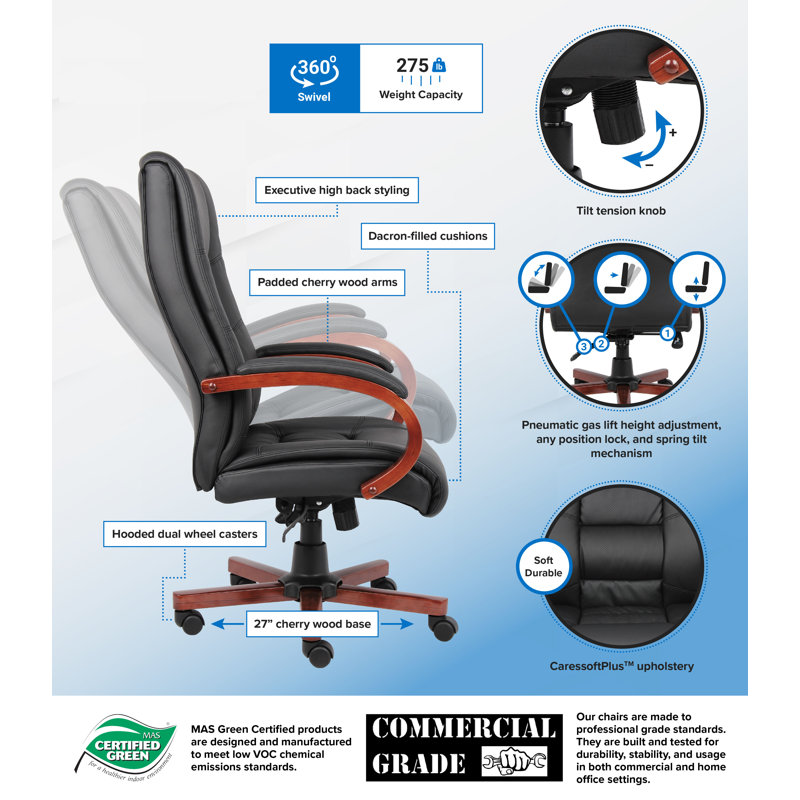 Elegant High-Back Executive Swivel Chair with Wood Accents, Black