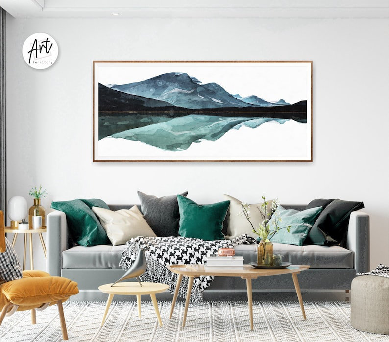 Vue panoramique sur la vallée de la montagne verte et bleue, reproduction d'art à l'aquarelle, Misty Rolling Hills