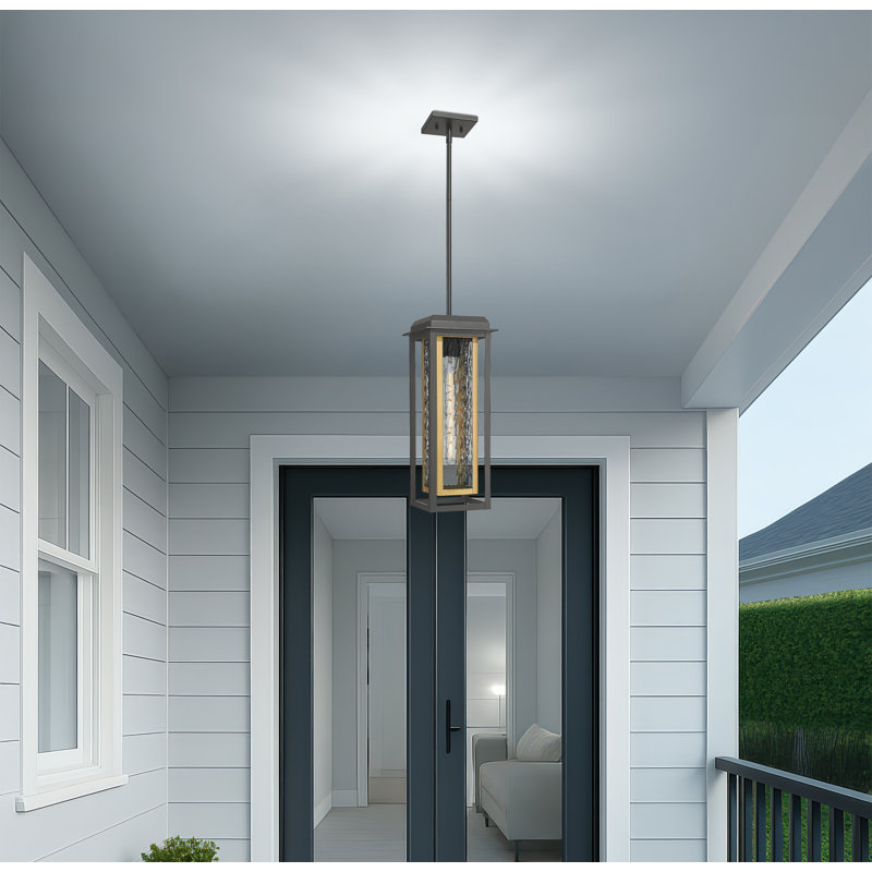 Luminaire suspendu d'extérieur de style bord de mer à 1 lumière de 1 po noir et laiton avec verre d'eau Mansfield, Eau