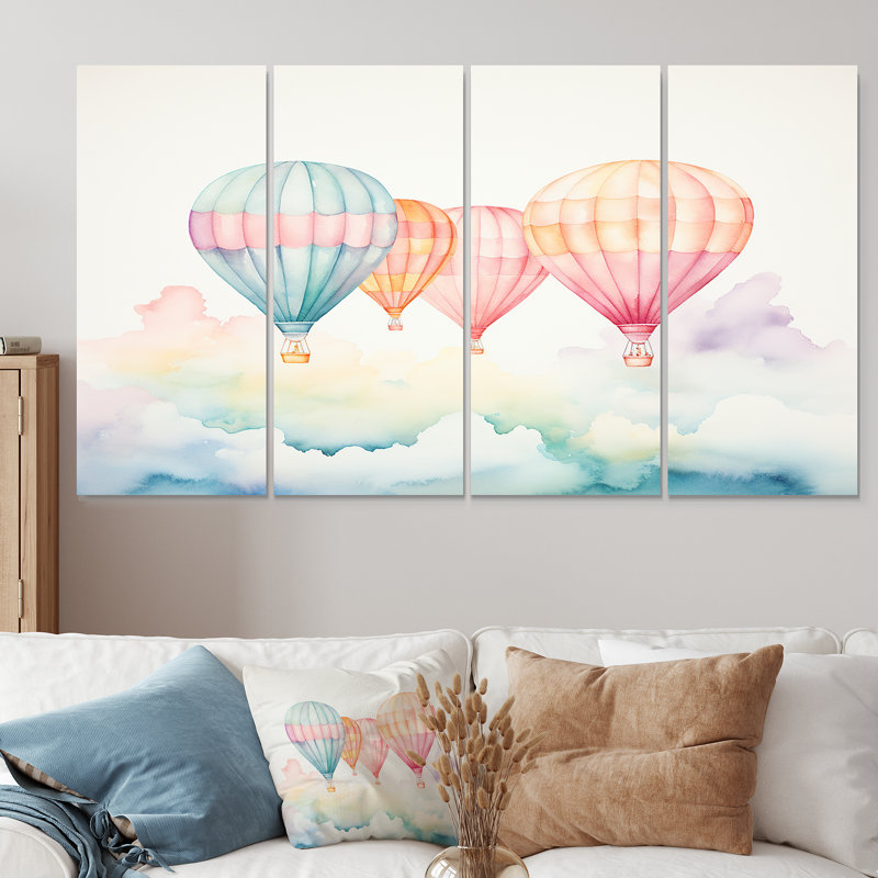 Aquarelle verte et rouge montgolfière Horizon II - montgolfière, art mural 4 pièces, H 32 po x l 64 po