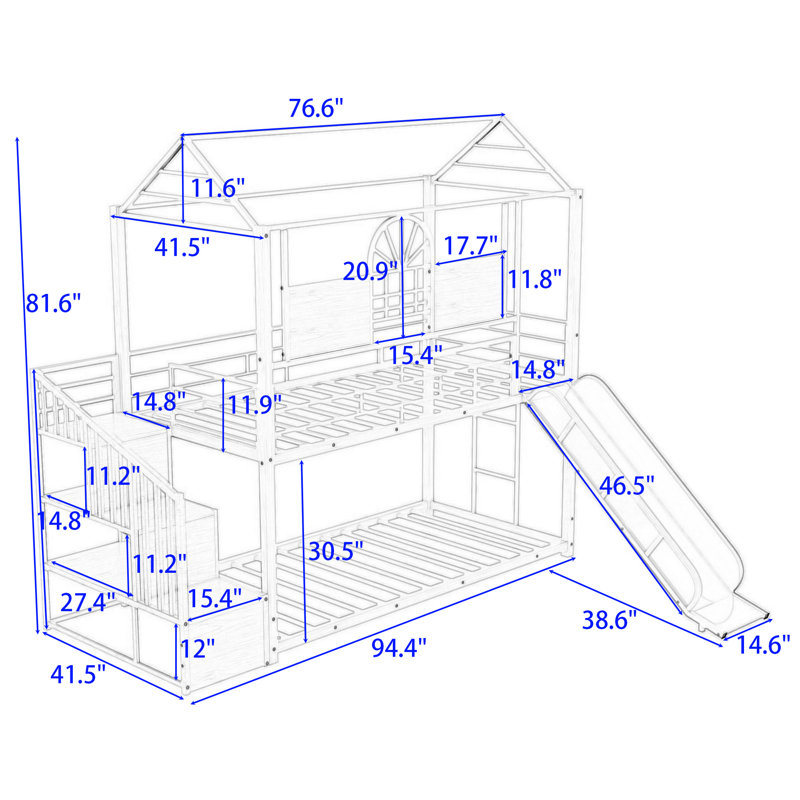Padmukh Twin Over Twin Metal Bunk Bed With Slide And Shelves, White