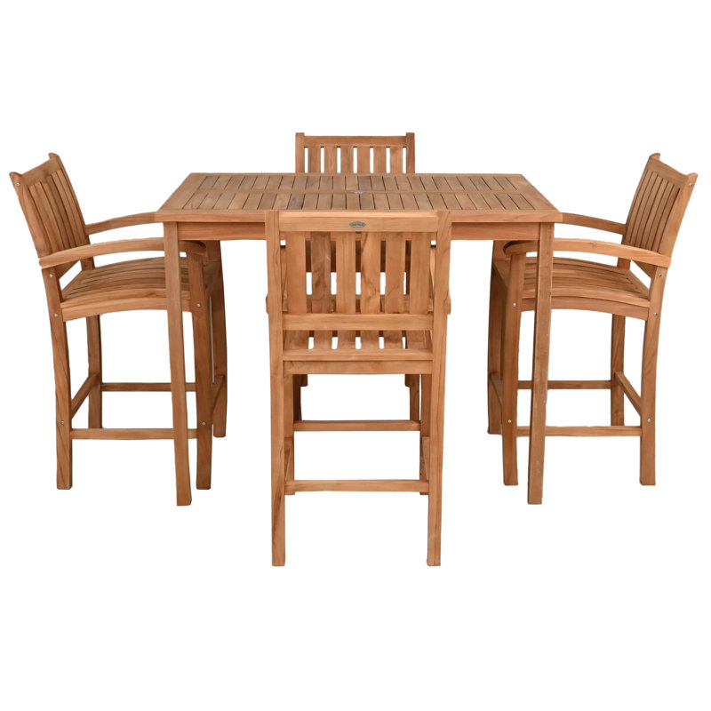 Teak Wood Bistro Bar Set Including Rectangular Table And Abacho Barstools With Arms, 43" H x 55" L x 35.5" W, 4