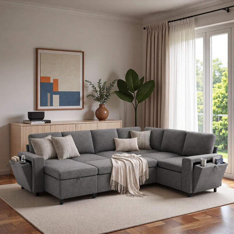 Canapé-lit modulaire en U convertible avec rangement, ports de chargement USB et porte-gobelets, Grey Chenille