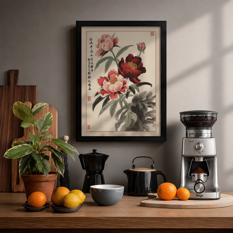 Peonies in Bloom Japandi - Framed Print, A2 - 59.4 x 42.0 cm, Black