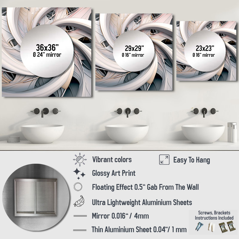 Krasen - Art mural miroir carré pour salle de bain Fractals, 23 po x 23 po