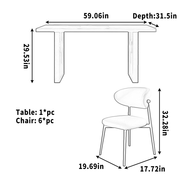 Mease, 7 pièces : table, 6 chaises, Brun, H 29,53 po x l 59,06 po x P 31,5 po