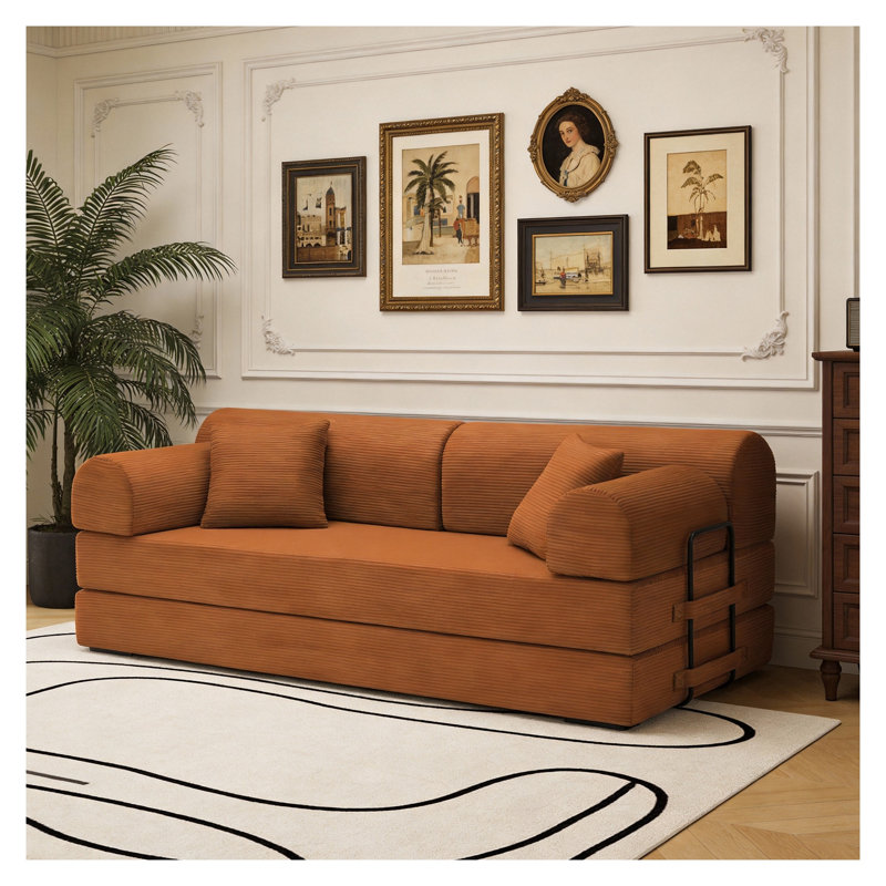 Orange Corduroy Convertible Sleeper Sofa Bed - 3-Seat Folding Floor Couch with High-Resilience Foam, No Assembly Required