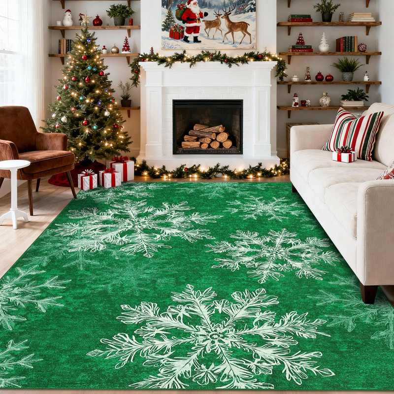8x10ft  Christmas Snowflakes Printed Area Rug Washable Non Slip,Soft Indoor Carpets,Low Pile Xmas Decoration Rugs