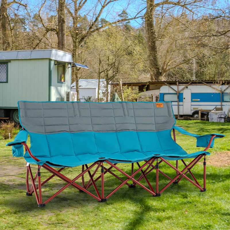 Inbox Zero 3 Person Folding Camping Chair Heavy-duty Camp Couch With 2 Cup Holders Padding, Blue