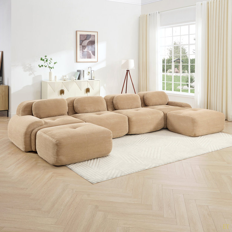 Canapé modulaire en U sans assemblage Tissu en velours côtelé respirant 32D à haute résilience, accoudoirs courbés extra larges, conception ergonomique adaptée aux animaux de compagnie pour les salons