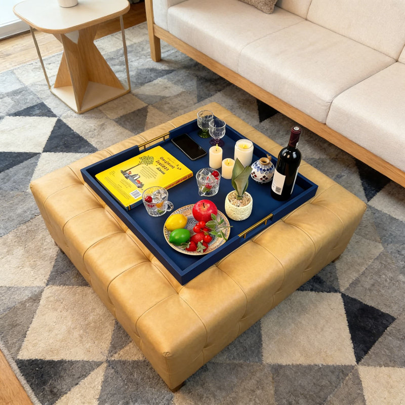 Extra Large Square Ottoman Tray With Golden Handles - Faux Leather Wrapped Wood Serving Tray For Breakfast In Bed, Coffee Table Organizer, And Home Decor