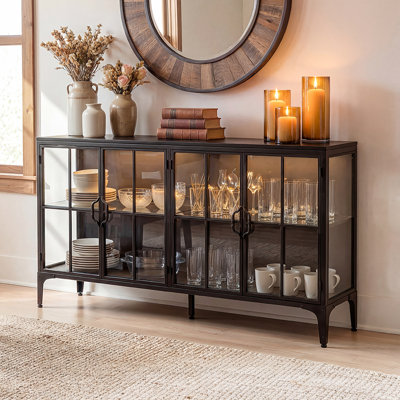 63" W LED-Lighted Glass Display Sideboard with 4 Doors & 4 Shelves