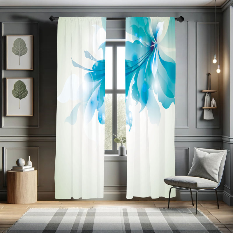 Ebern Designs, rideaux abstraits, fleurs dégradées bleues, L 28 po x L 84 po