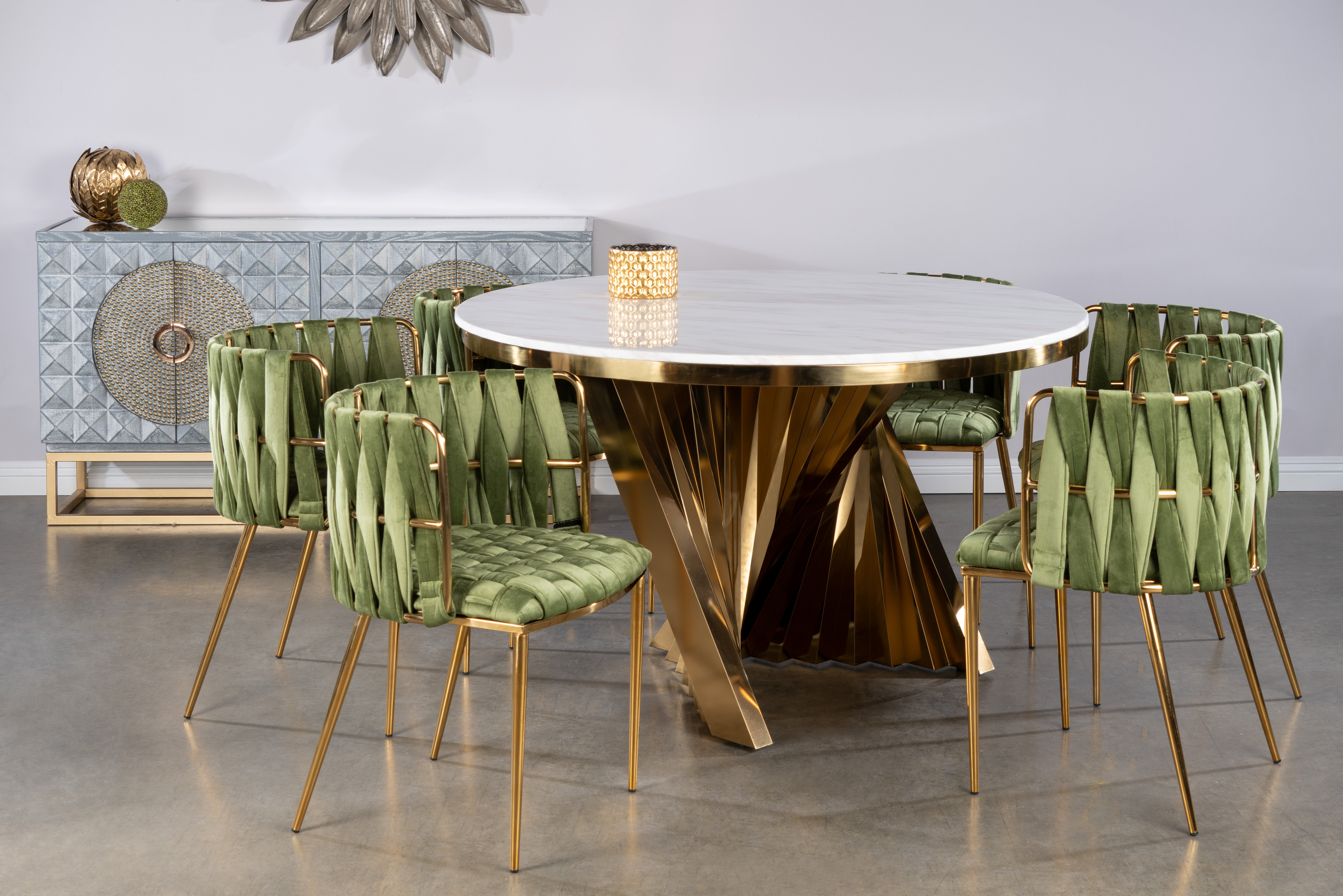 Everly Quinn Hatten Round Marble Dining Table Set with Sculptural Base ...