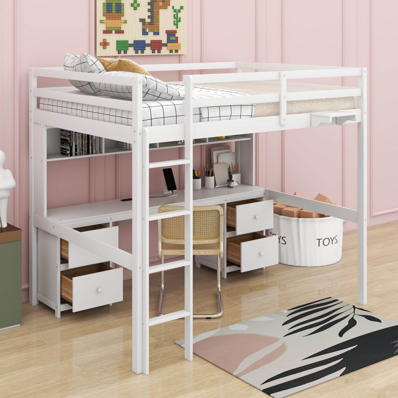 Full Size Loft Bed With Desk, Cabinets, Drawers And Charging Station, White
