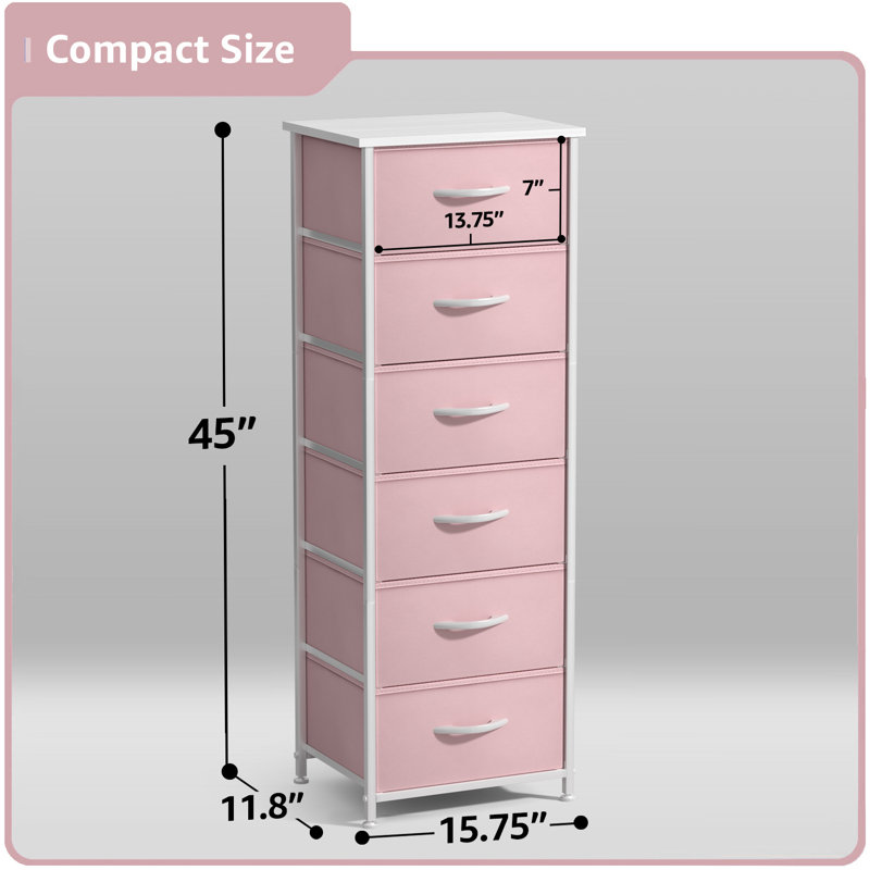 Sorbus 6 Drawers Tall Dresser with Steel Frame, Wood Top & Easy Pull Foldable Fabric Bins, Pink, Pink