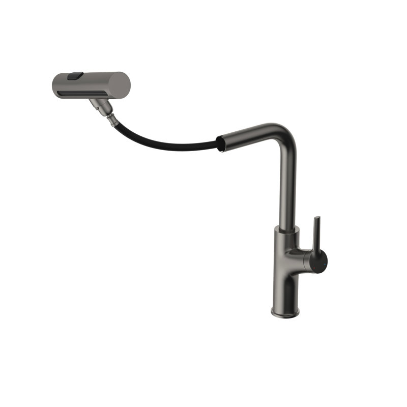 Robinet de cuisine rotatif à 360 ° Gunmetal noir, 4 modes de pulvérisation pour le rinçage quotidien, contrôle des éclaboussures, cartouche en céramique, complet, conception rétractable à hauteur totale de 14,25 pouces, fonctionnement, trousse d'installation,