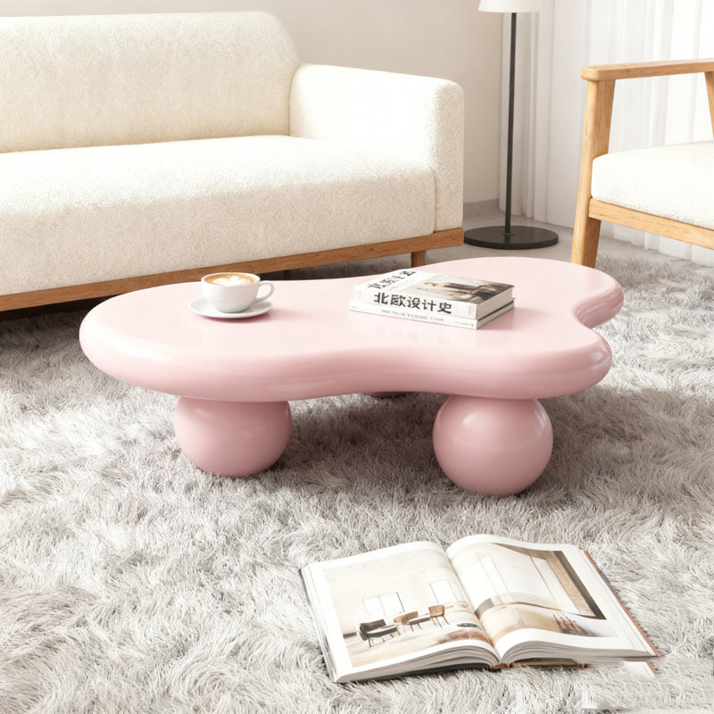 Table basse 47 pouces en forme de nuage avec 3 pieds en forme de boule, Blanc, Noir, H 13,78 po x L 47,2 po x l 31,5 po