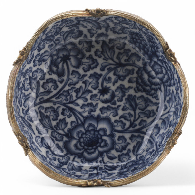 Porcelain Scallop Bowl With Bronze Blue White Floral