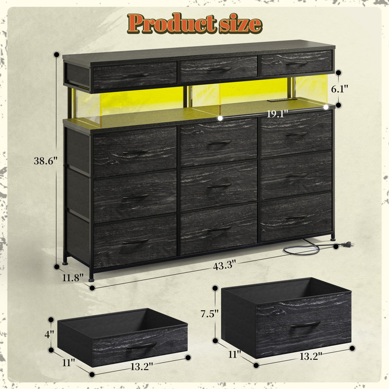 Dresser For Bedroom With 12 Drawers, Dressers With Led Light, Charging Station And Acrylic Sheet, Black