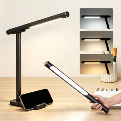 Black Cordless Led Desk Lamp, Eye-caring Dimmable Touch Control Rechargeable With Phone Stand