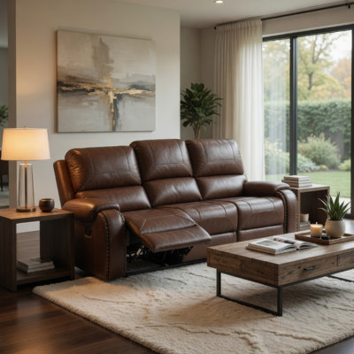 Teli Reclining Sofa W Drop Down Table And Cup Holders, Brown Faux Leather