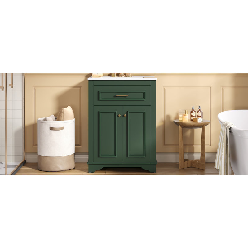 Meuble-lavabo vert 24 po avec lavabo simple intégré en céramique, 2 portes et 1 tiroir basculant pour les petites toilettes | Idée de cadeau