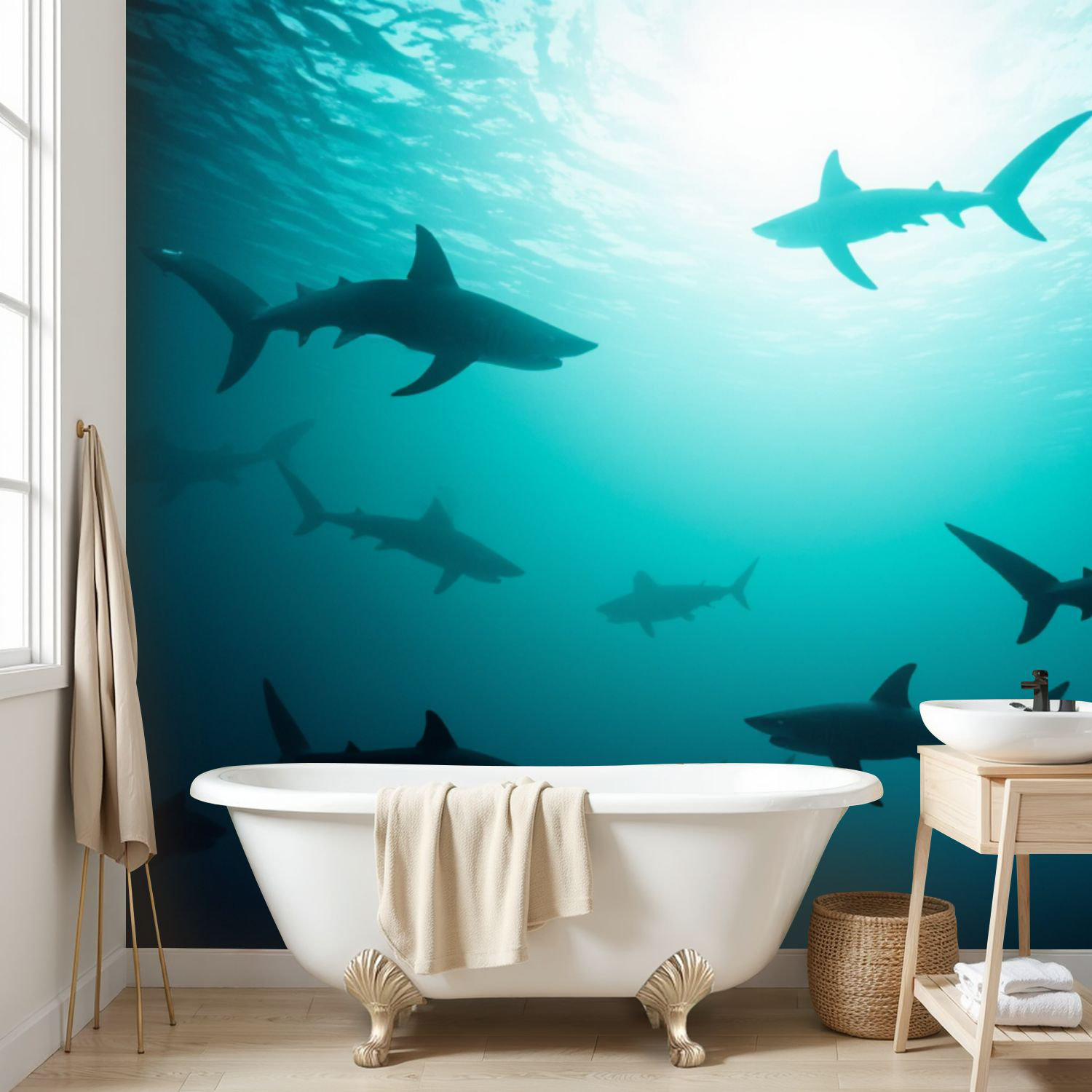 Latitude Run® Wall Mural Peel and Stick Wallpaper Silhouettes sharks ...