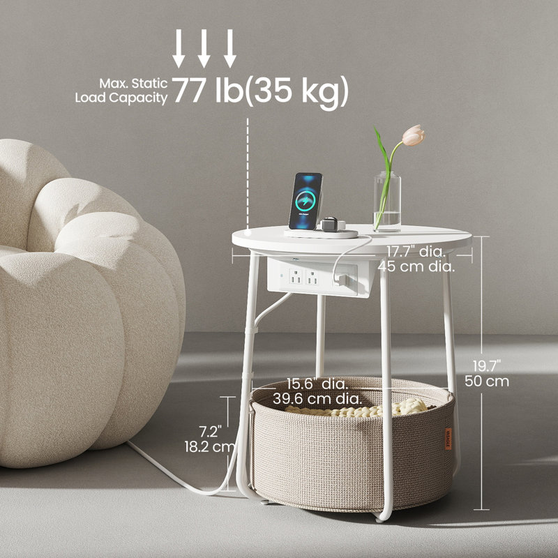 Table d'appoint avec station de charge, Blanc mat / brun chameau