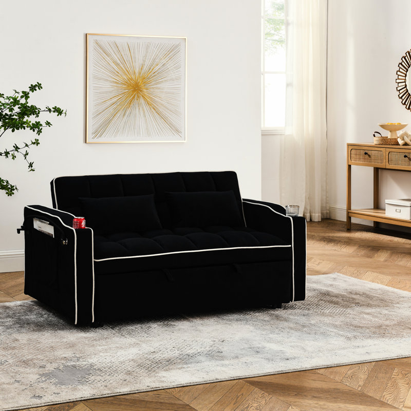 Lit pliant en velours moderne avec dossier réglable et support pour téléphone - noir lustré et port (noir