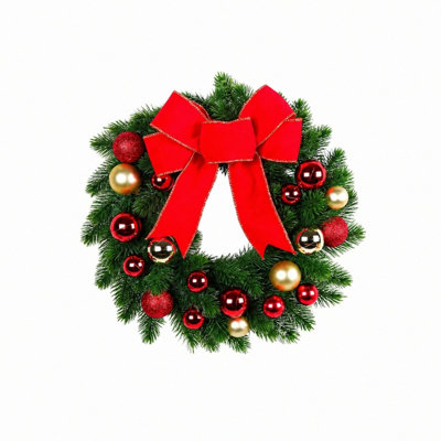 Couronne de Noël 12 pouces avec nœud en velours rouge et ornements rouge-or, mini décoration de porte des Fêtes