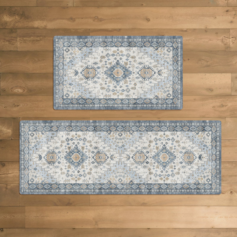 Anti-Fatigue Anti-Slip Waterproof Kitchen Mat, Runner 17" x 47" + 17" x 30", Light Blue