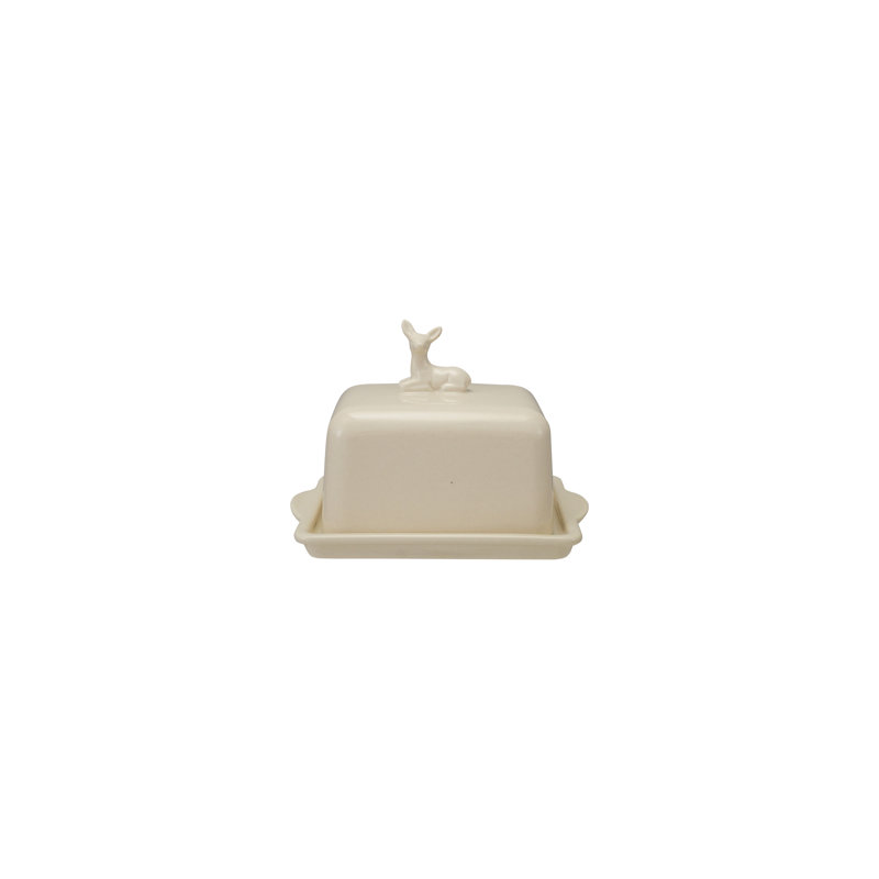 White Stoneware Butter Dish with Deer Motif