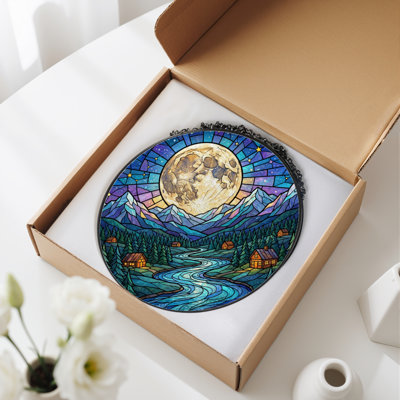 12"H Moonlight Mountains Stained Glass Window Panel