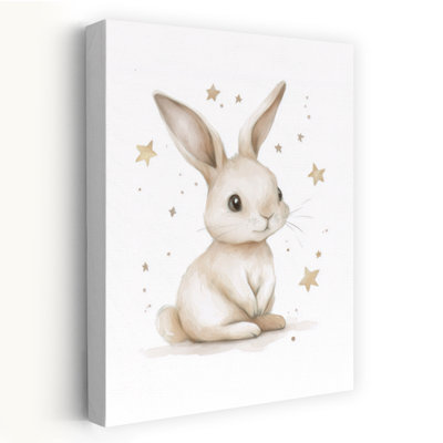 Cute Bunny Stars Dreamy Abstract Contemporary Rabbit Forest Landscape Wall Art Print by Mathieu - Wrapped Canvas Print