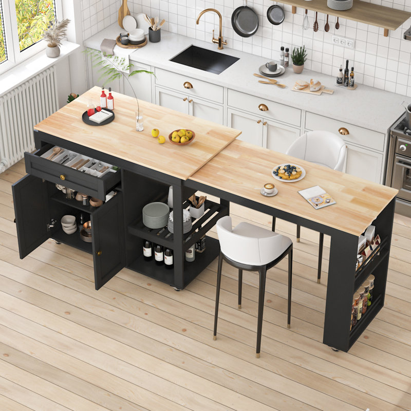 Îlot de cuisine 81,5 po avec table de salle à manger extensible pour 4 à 6 personnes, îlot de cuisine avec rangement 2 tiroirs, 2 tablettes latérales ouvertes, table bicolore avec rangement double
