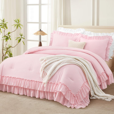 Andency Pink Comforter Set Queen Size, Lightweight Fluffy Farmhouse Pink Ruffle Bedding Set, Soft Microfiber All Season Bed Comforter Set 3 Pieces(1 Ruffle Comforter 2 Pillowcases)