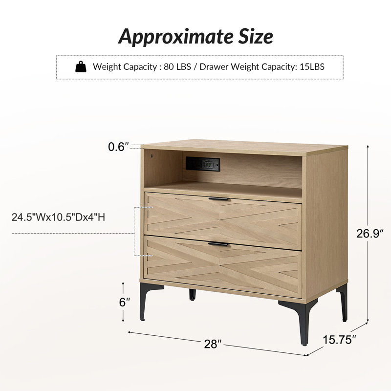 28" W 2-Drawer End Table with Charging Port, Oak