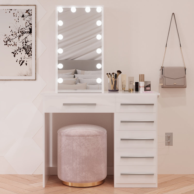 Boahaus Sofia Modern Lighted Vanity Table, Mirror with Lights Add-On, USB (Type A & C) and 06 Drawers for Storage