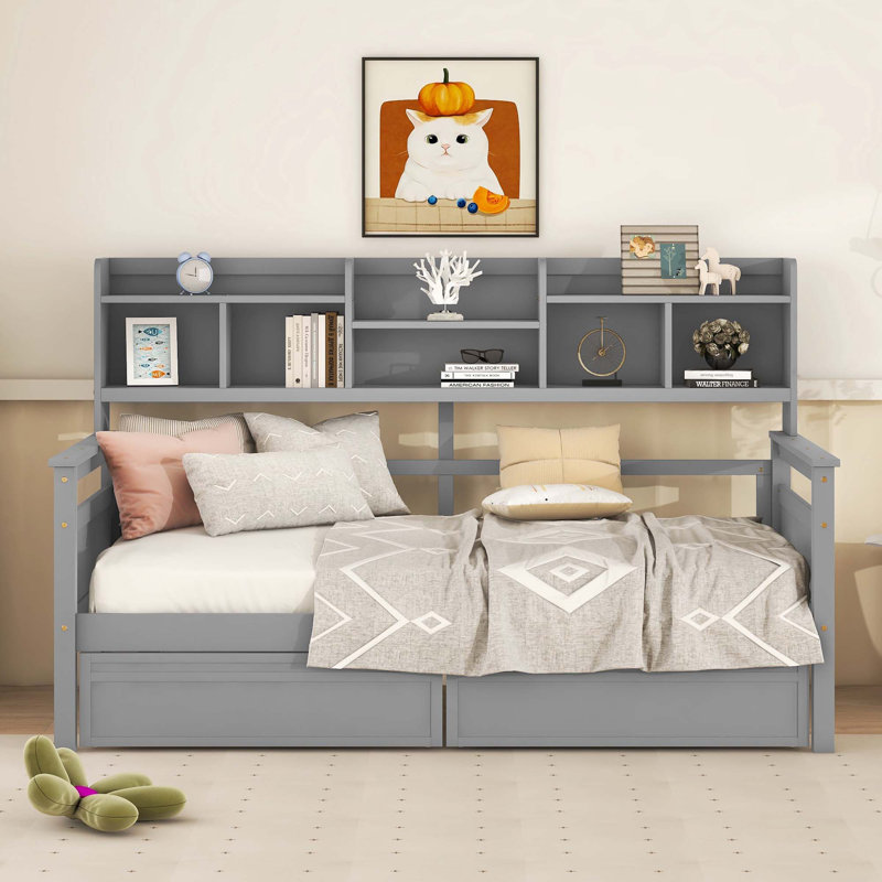 Lit de jour, support en lattes de bois, avec tablettes de chevet et deux tiroirs, Gris, Lit simple