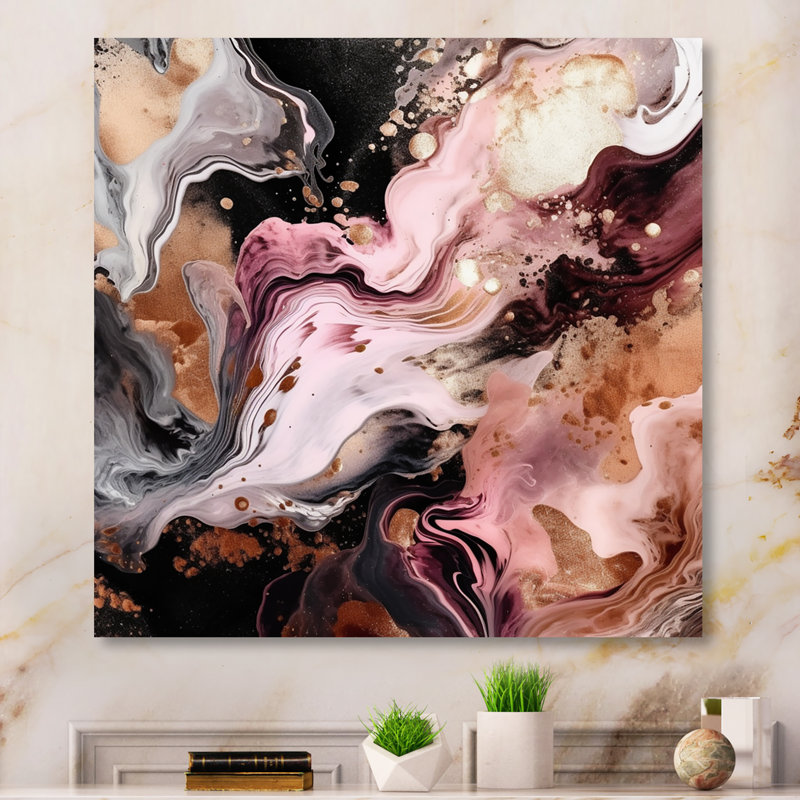 Agate rose rose et noire I - Impression abstraite sur métal, H 29 po x l 29 po x P 1 po