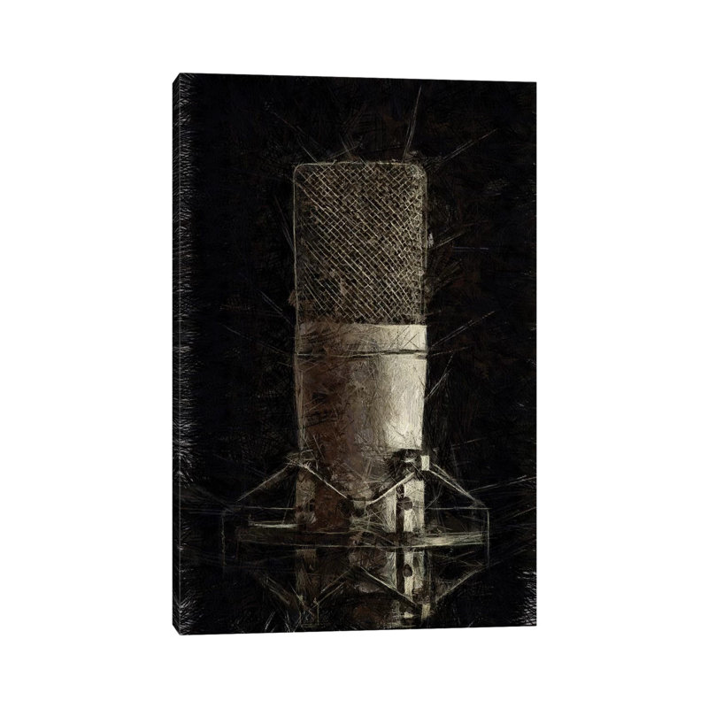 Black And White Microphone Illustration by Tom Quartermaine - Wrapped Canvas Print, 20.32 cm H x 30.48 cm W
