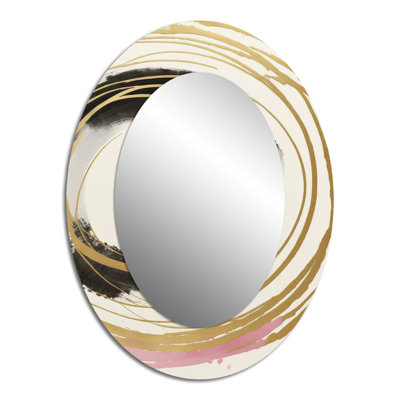 Pink And Gold Minimalist Art I - Abstract Oval Decorative Mirror On Metal
