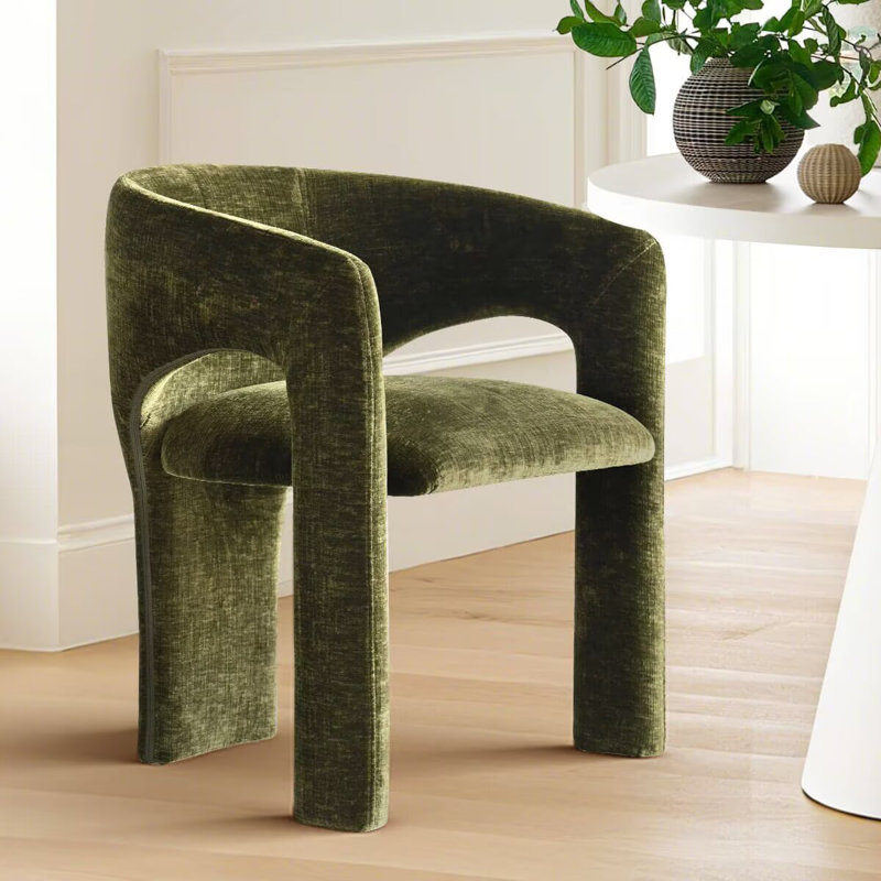 Chaise rembourrée moderne en chenille avec accoudoirs, Vert olive