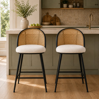 Ensemble de 2 tabourets de bar en rotin avec repose-pieds 36 po blanc