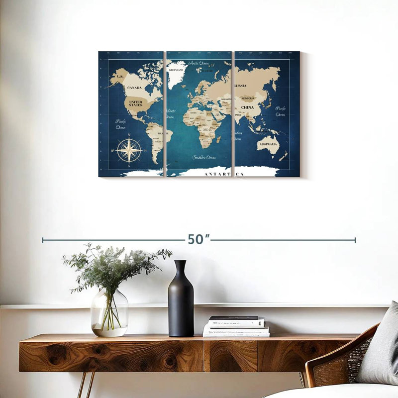 Carte du monde cobalt 3 pièces, H 20 po x l 33 po x P 1,25 po