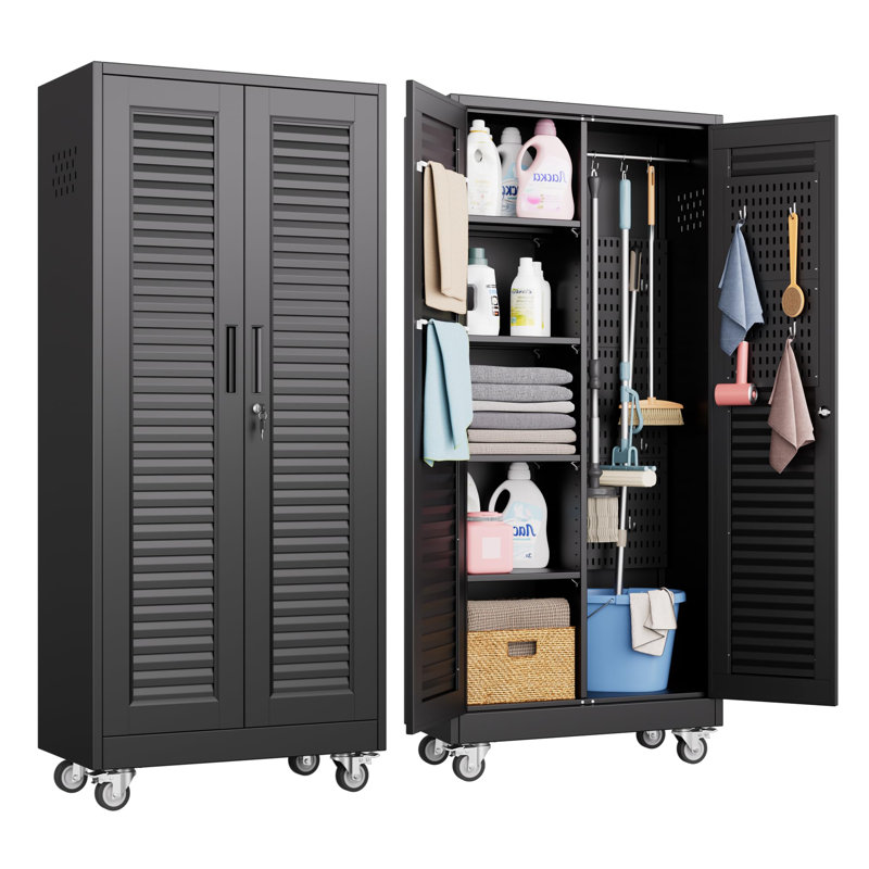 Broom Closet With Wheels Metal Cleaning Cabinets With Louvered Doors Hooks And Hanging Rods, Lockable Cabinet With Pegboard, Adjustable Shelf,for Garage, Laundry Room