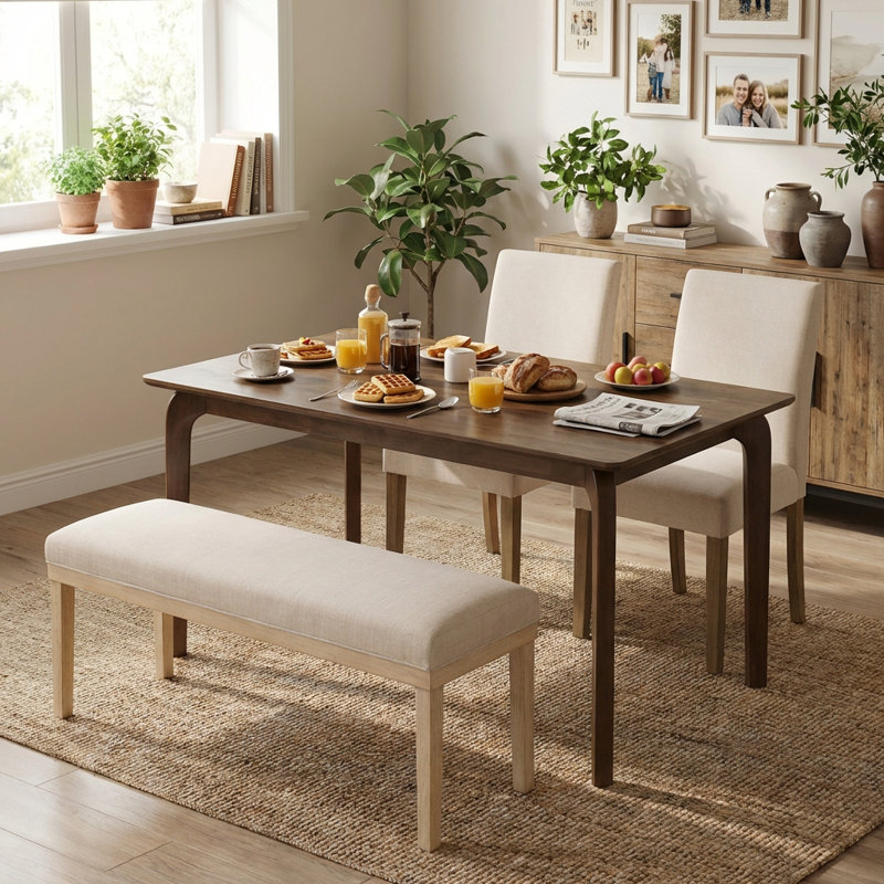 Person Dining Chairs Set With Upholstered Chairs And Bench For 2-4 Person, Ivory//Beige, Light Brown